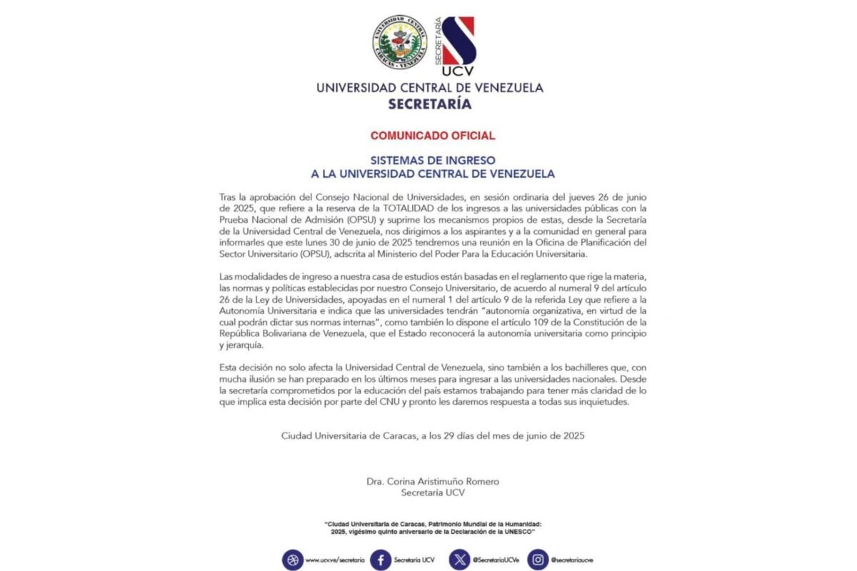 UCV cuestionó suspensión de las pruebas internas para ingresar a las universidades públicas